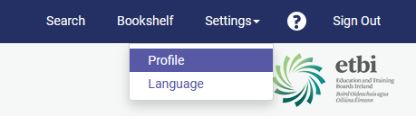 eBook Central menu with Settings and Profile
