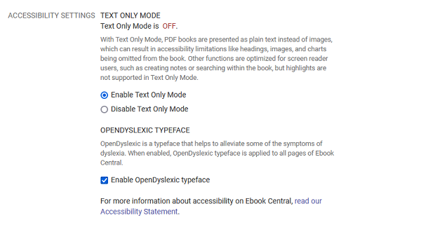 eBook Central profile page with boxes for text only mode and open dyslexic typeface ticked